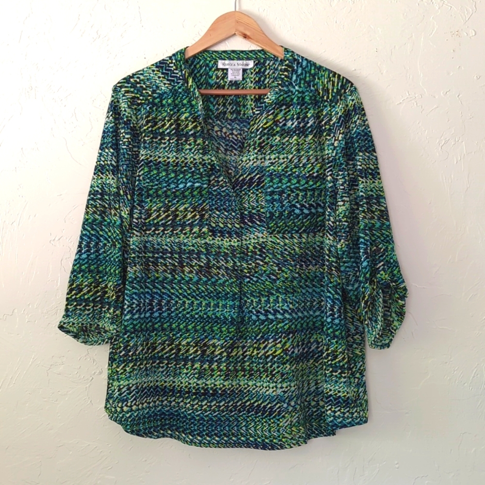 Rebecca Malone Gauze Feminine Green Print XL Top Excellent Condition